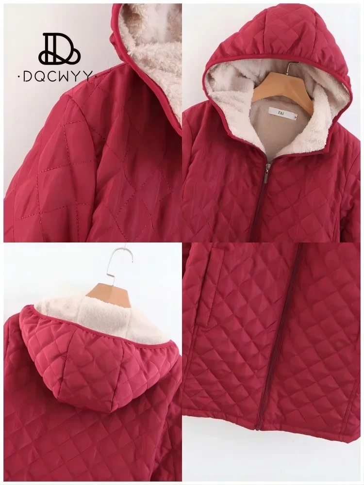 Women\'s Jacket Winter Hooded Warm Lamb Down Lining Parkets Mid Length Casual Jacket Cotton-padded Jacket Oversize Winter Coat