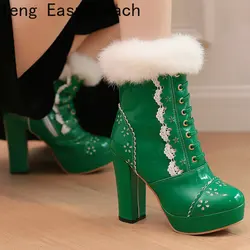 Green Yellow White Laser Cut Sweet Ladies Winter Warm Shoes Plus Size 34-43  Faux Fur Platform Block High Heels Ankle Snow Boots