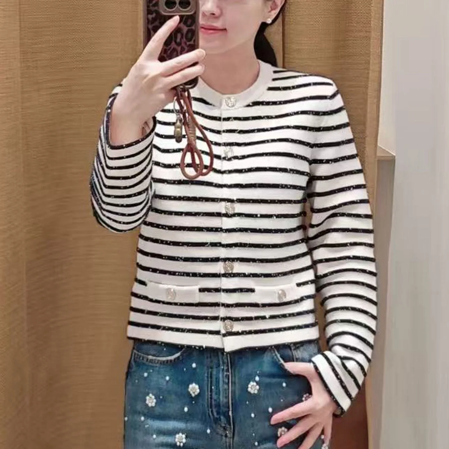 

Женский полосатый вязаный кардиган на осень и зиму, новый теплый элегантный свитер с круглым вырезом и длинными рукавами