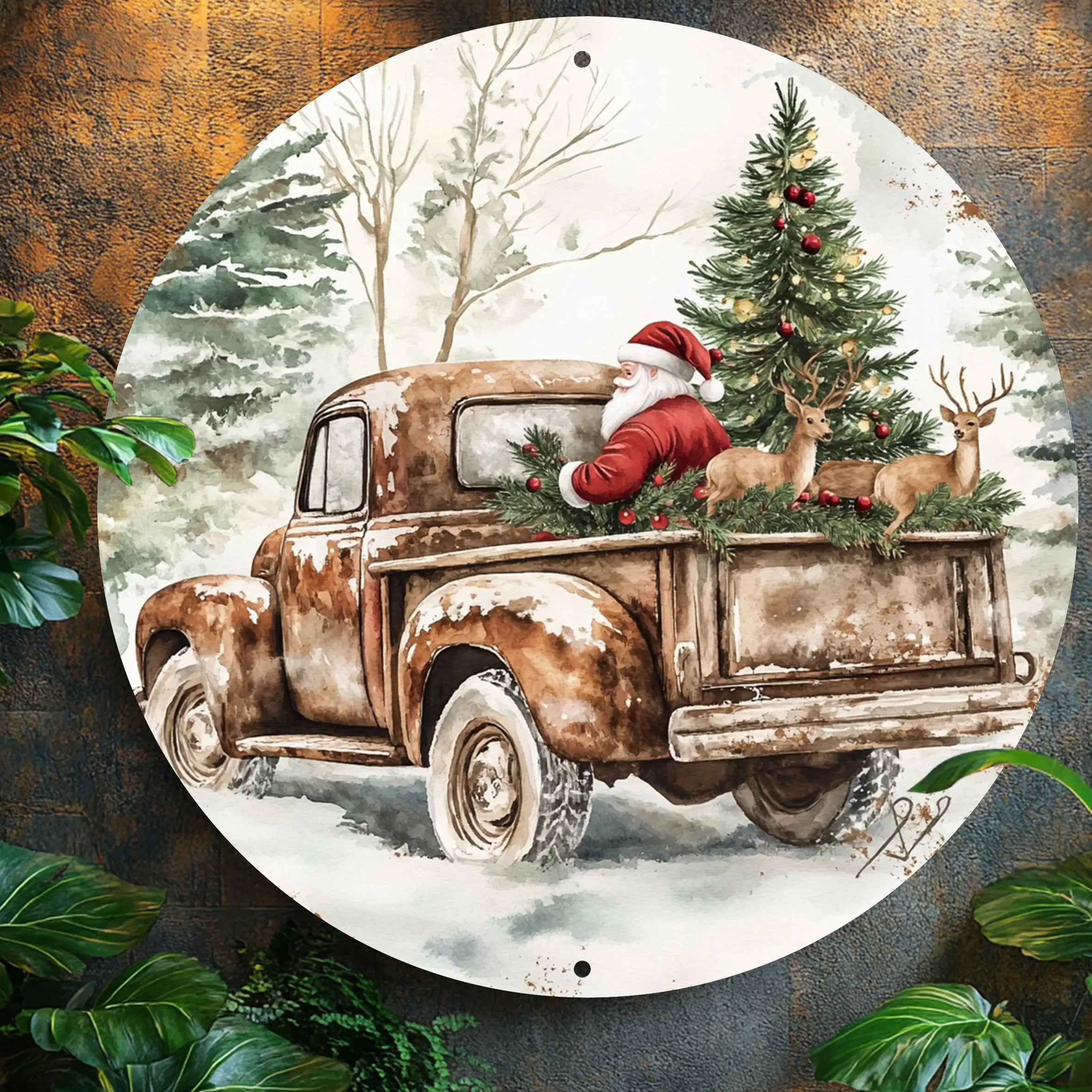 2D Flat - [Durable Build] Vintage Santa Claus Driving Truck Metal Wall Art - 20.32x20.32 cm Round Aluminum Sign, Classic Christm