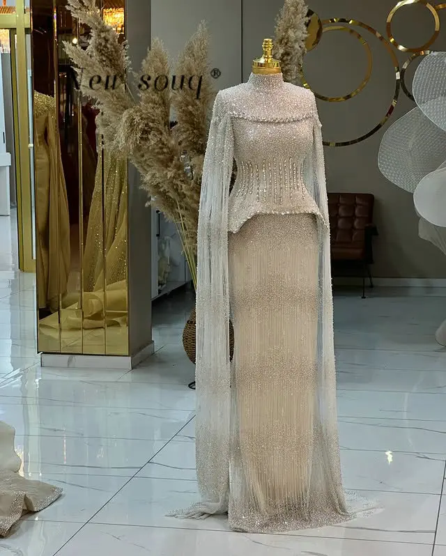 

Arabic Nude Champagne Elegant Cape Sleeves Mermaid Beaded Evening Dresses Long Celebrity Gowns Customized Muslim Party Vestidos