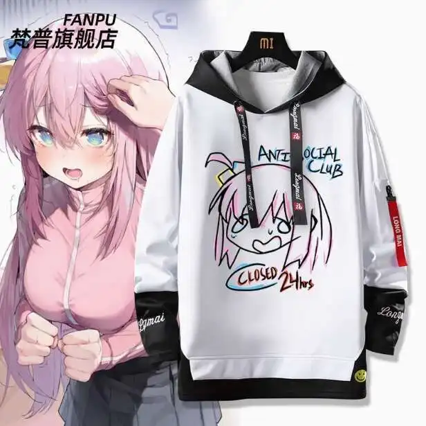 

Anime Bocchi The Rock Gotoh Hitori Fake Two-Piece Hooded Hoodie Cosplay Autumn Winter Men Women Coat Loose Jacket Tops anime