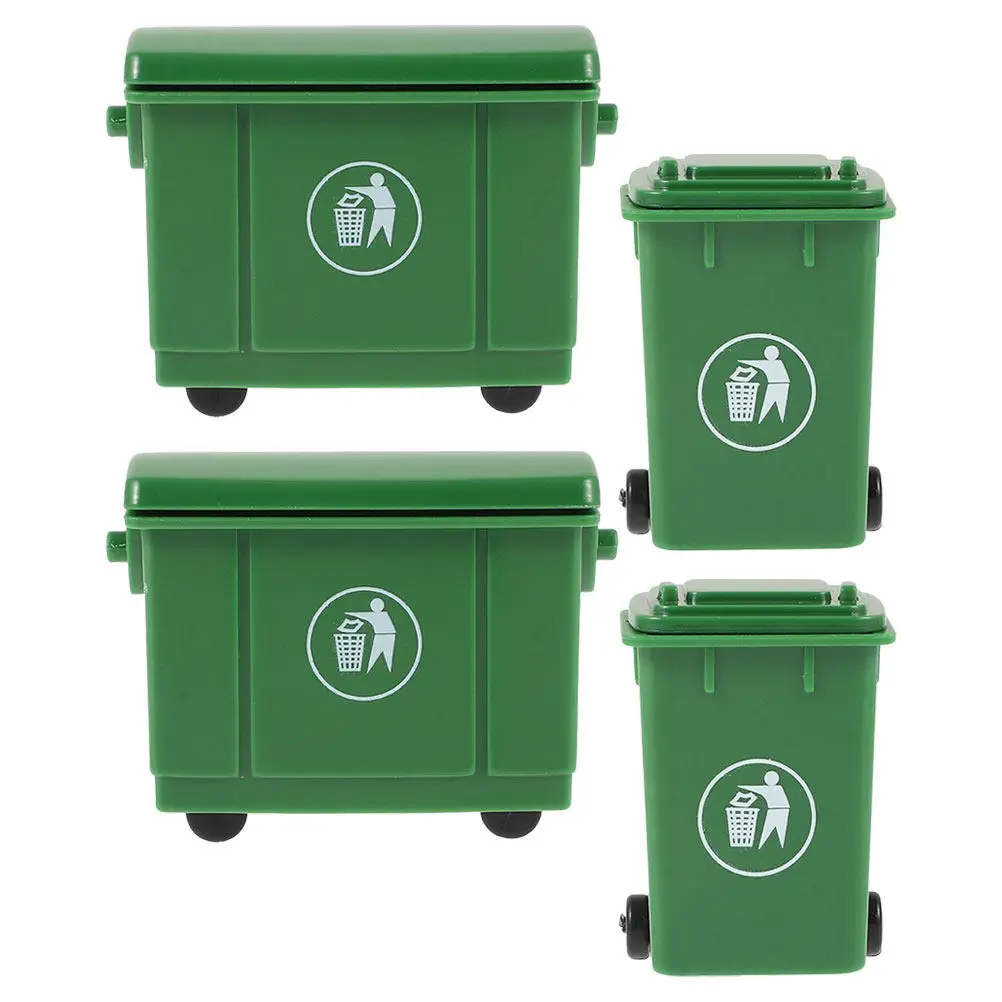 4Pcs Miniature Trash Can Set Dollhouse Accessories Small Trash Bin with Lid Wheels for Mini House Decoration Pretend Play