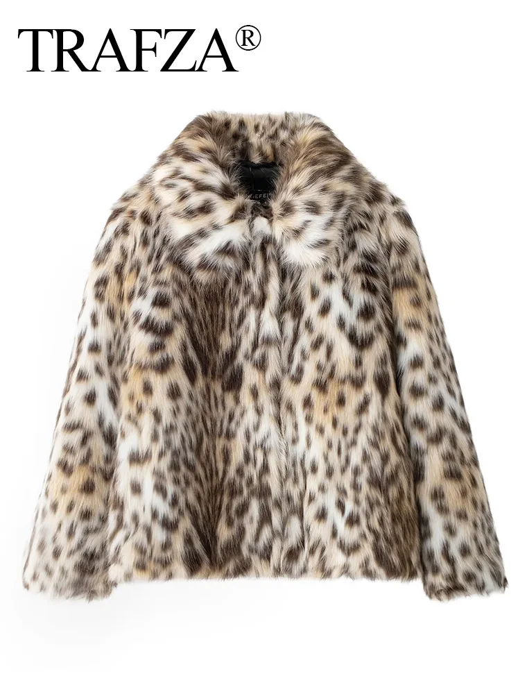 TRAFZA Vintage Women Artificial Leopard Fur Effect Jacket Female Warm Long Sleeve Loose Plush Texture Coat Winter Streetwear