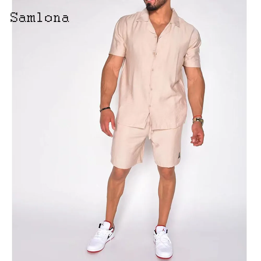 Samlona Plus Size Mens Casual Two Piece Sets 2024 Single Breasted Tops Blouse and Pocket Shorts Suit Male Beach Tracksuits Set