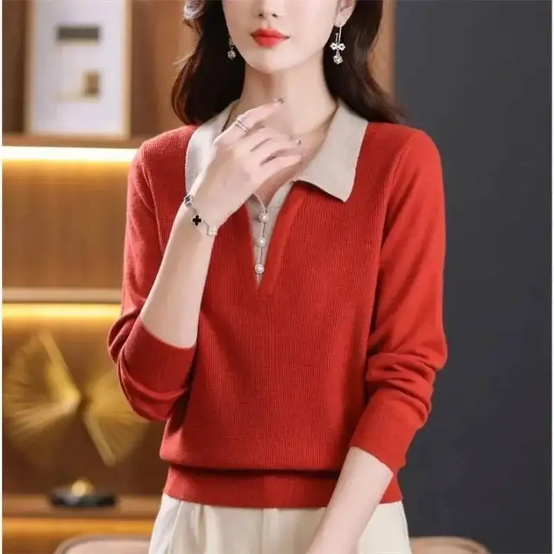 الكورية الخريف الشتاء المرأة البلوز كل مباراة بدوره إلى أسفل طوق اللون حجب وهمية قطعتين سترة محبوك الإناث