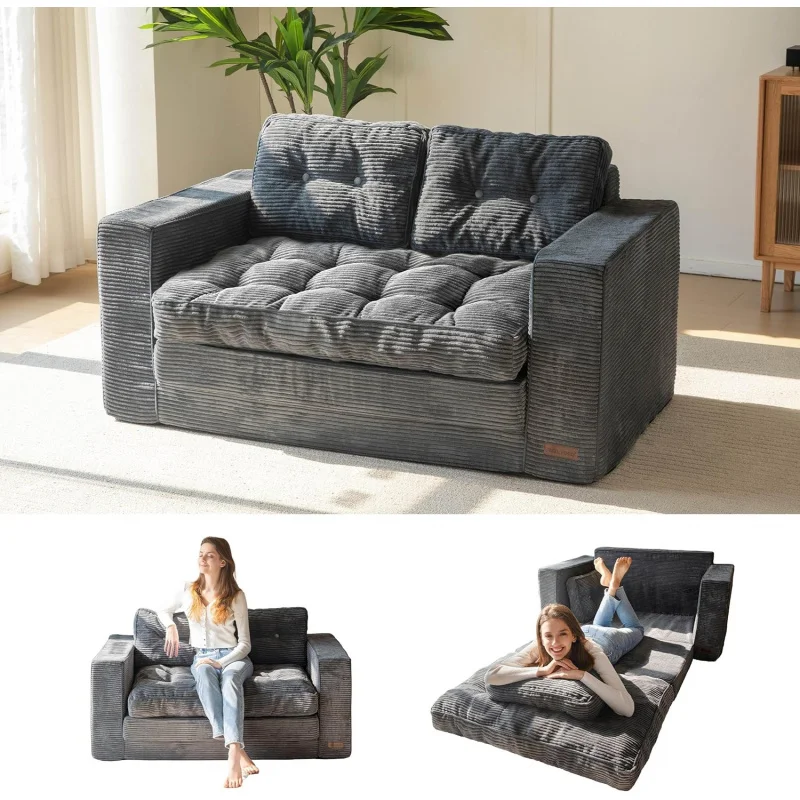 

2-in-1 Pull-Out Loveseat Sofa Bed (Dark Grey) – Folding Couch Bed W/Pillows, Fold-Out Floor Lounge for Living Room/Bedroom