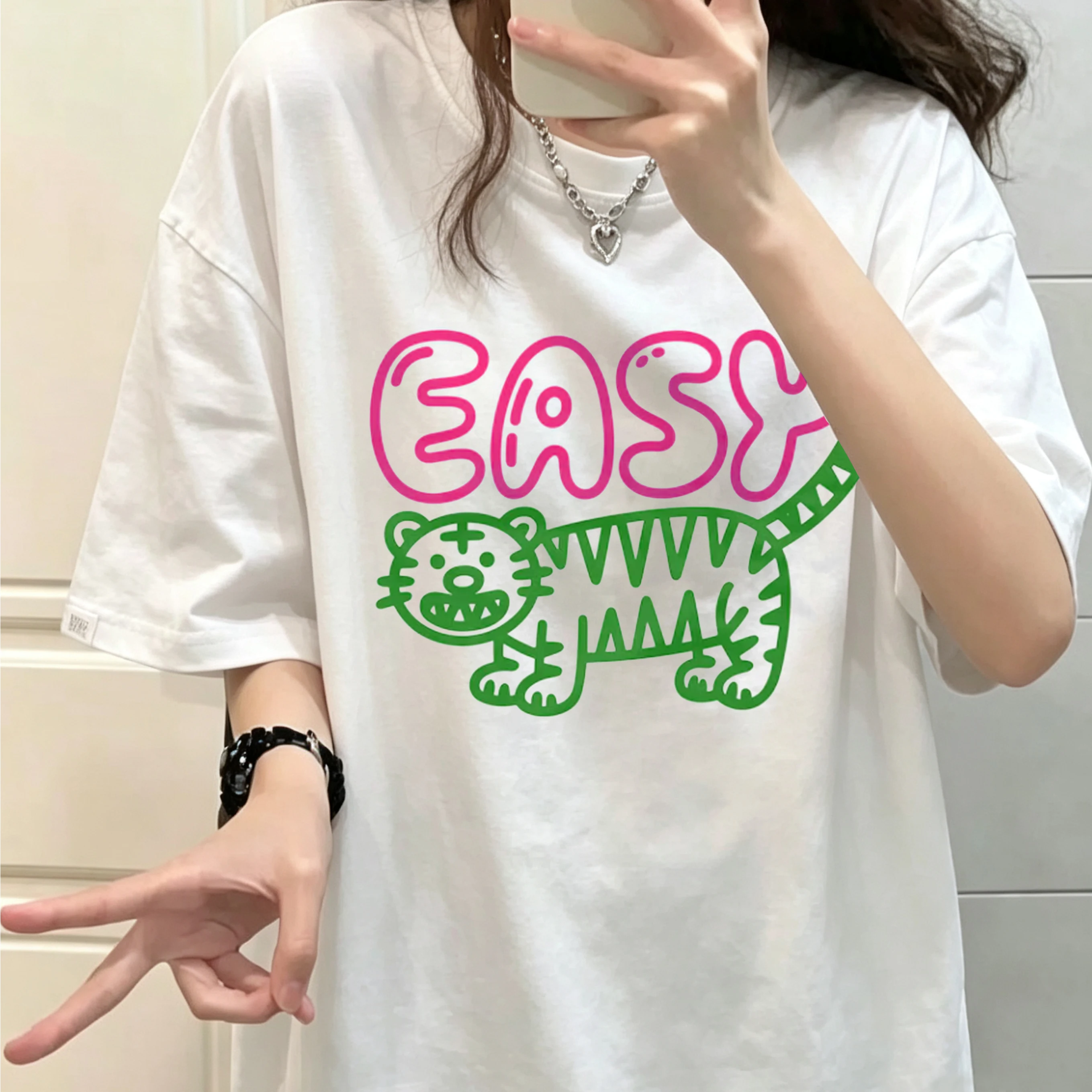 Easy Tiger Vintage Graphic Retro Doodle Cartoon Tee Funny Cute Drawn Animal Graphic Tee Y2K Retro Print Harajuku Vintage Tops