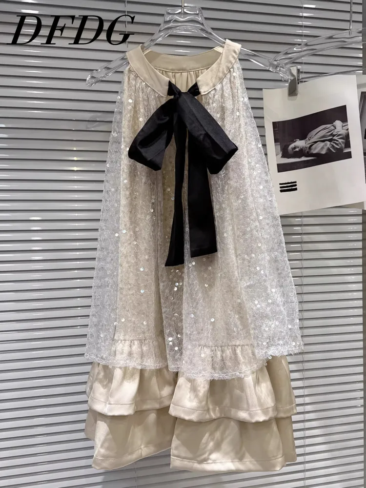 

DFDG Women's Spring Summer Beige Sequin Lace Dress Black Bow Detail Maxi Party Formal Wear 2026 Trendy Feminine Outfit Dress
