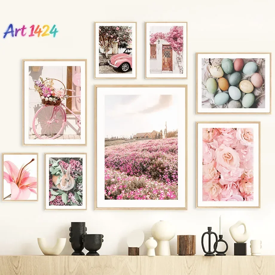 1pc frameless Canvas painting Easter Spring Pink Sakura Farmhouse Fresh Flower Romantic Posters Canvas Painting Wall Art Pict