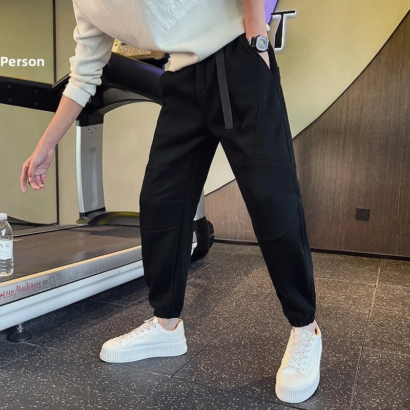 

Двухцветные спортивные брюки на флисовой подкладке из полиэстера, с добавлением хлопка, повседневные брюки для молодых мужчин