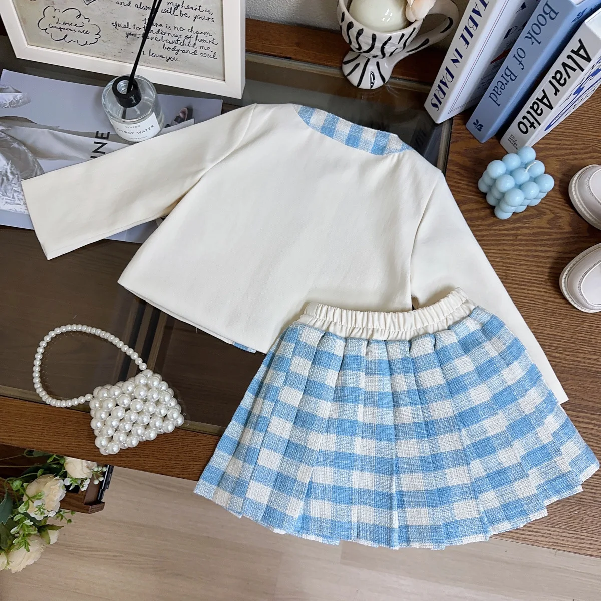 New Girls Suit Spring and Autumn New Women's Treasure Foreign Style Coat Blue and White Plaid Skirt Two-piece Set 3