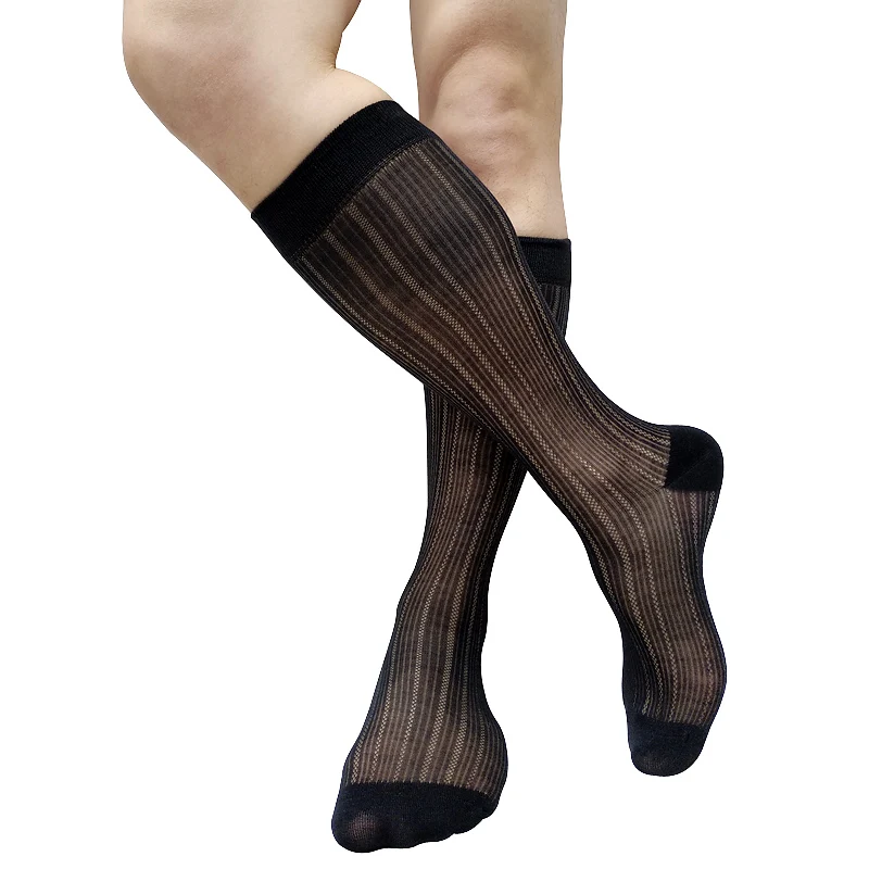 Knee High Mens Socks Formal Dress Suit Black Striped See Through Sexy Lingerie Mens Stocking Hose Business Wedding Gifts