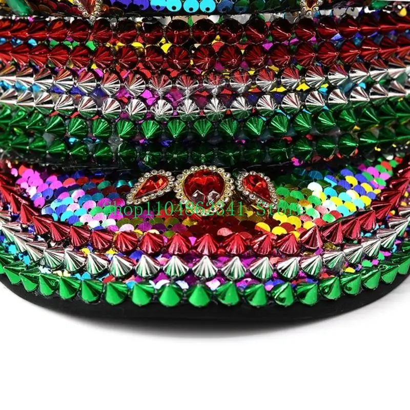 652F Glinting Captain Hat Colorful Rhinestones Cool Sequins For Women Florid Costume Decorative Crystal Party Outfits