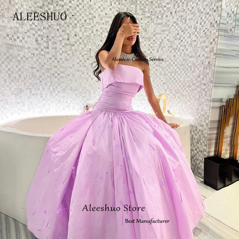 Aleeshuo gaun Prom putri Satin Gaun Pesta tanpa lengan A-Line gaun pesta tanpa lengan bulu Pleat Backless gaun pesta Strapless пstnk