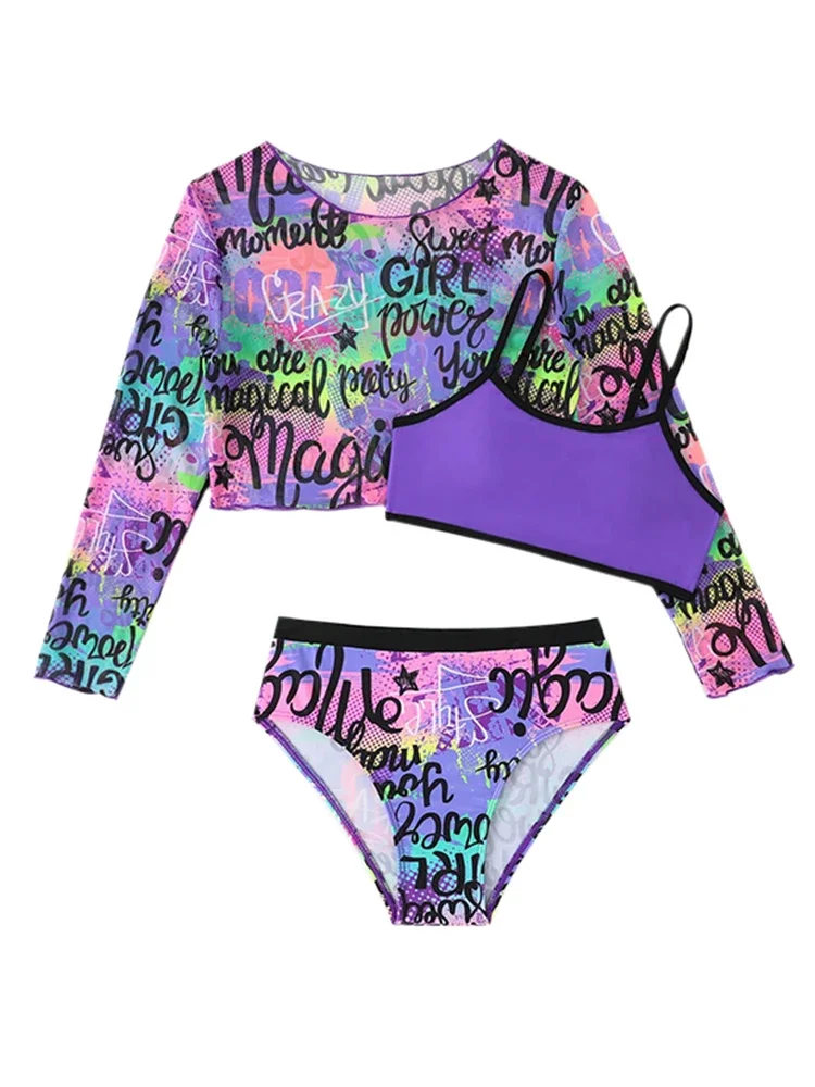 Bikini Kids Girls Swimsuit 2025 New Purple Letter Sling Mesh Long Sleeve Children Bikinis Set Swimwear Summer Beach Bathing Suit