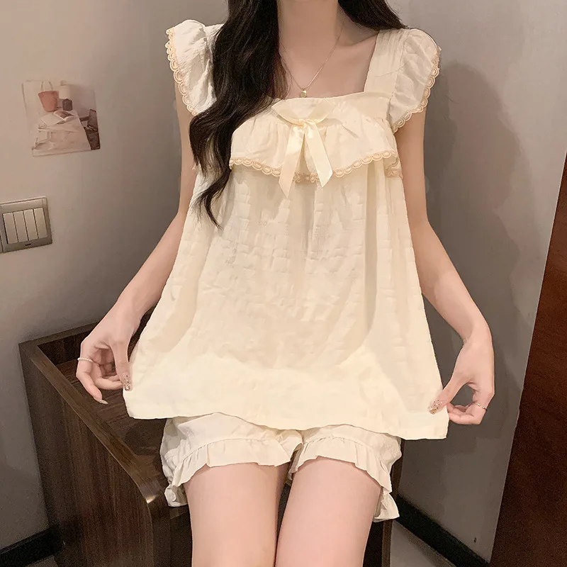 

New Pajamas Women Summer with Corset Woven Cotton French Suspenders Shorts Summer Comfortable Sweet Princess Style Loungewear