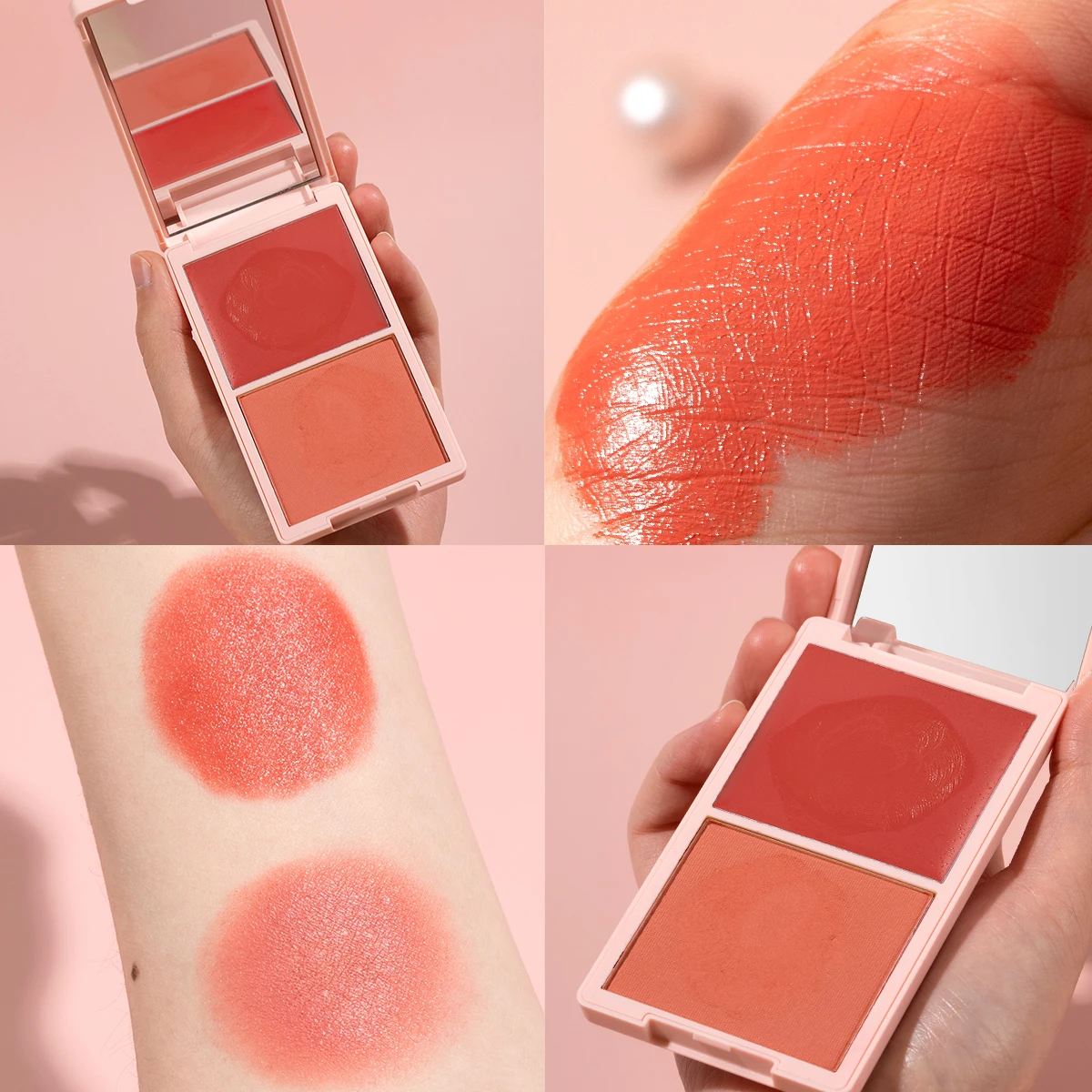 Palette de fard à joues longue tenue, crème et poudre, fard à joues, rose bonbon, pêche, finition haute pigmentation 256 et rosée, rouge orange vibrant