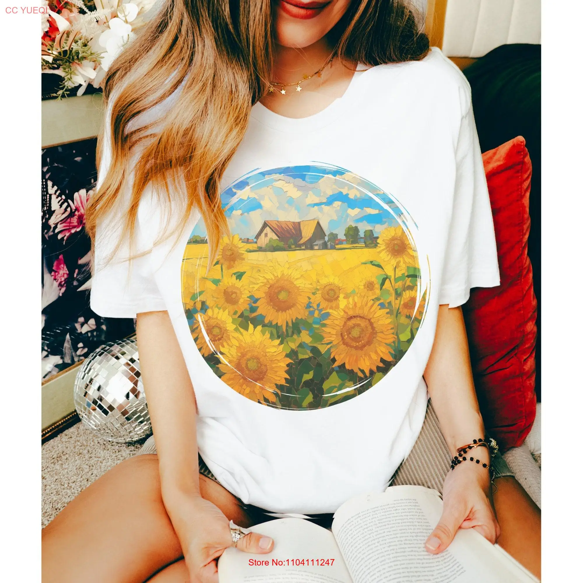 Sunflower Field T Shirt Painting Homestead Cottagecore GifT For Her long or short sleeves