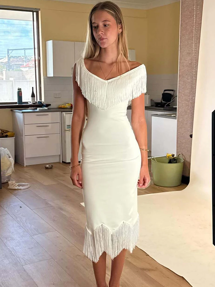 Trendix Off Shoulder Tassel Dress Women High Waist Patchwork Slim Sleeveless Maxi Dresses 2026 Party Sexy Elegant Evening Dress