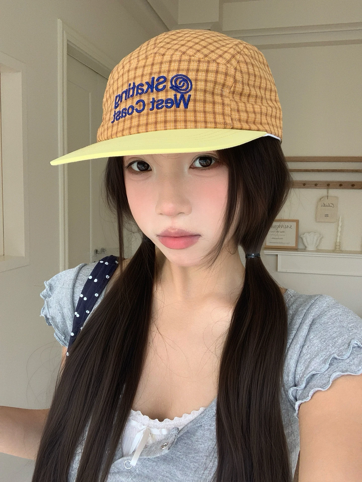Korean Style Color Block Plaid Letter Embroidery Baseball Cap Women's Spring Summer Fashion Street Face Slimming Flat Brim Cap
