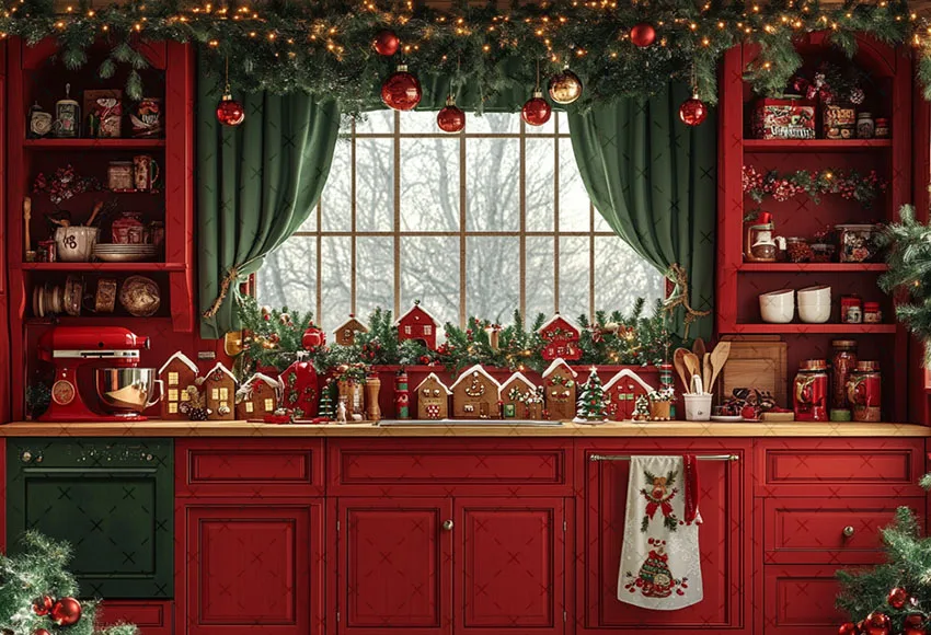 Mehofond التصوير خلفية الشتاء عيد الميلاد الأحمر نافذة المطبخ شجرة عيد الميلاد الاطفال الأسرة صورة ديكور خلفية استوديو الصور