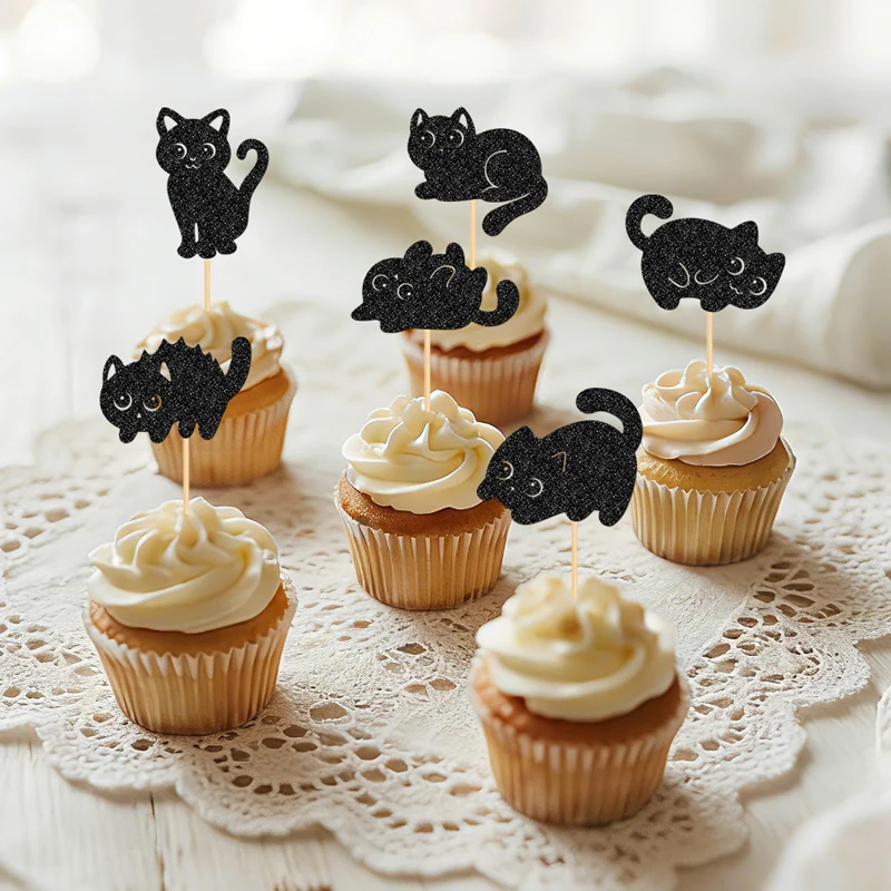 YOMDID 24 Stück Niedliche Katzen-Cupcake-Topper, Glitzernde Katzen-Kuchendekorationen für Kätzchen-Geburtstagsdekorationen, Dekoración Cumpleaños – Detail 8