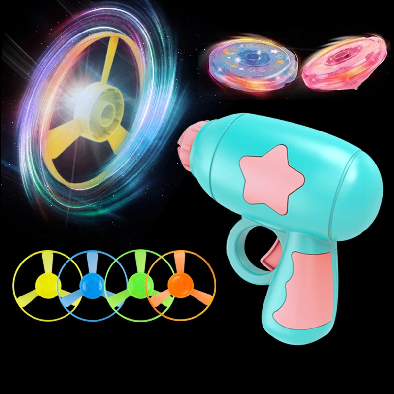 Children Saucer Launcher Pistol Outdoor Spinning Top Dinosaur Gun Toys Flying Disc Bamboo Dragonfly Ejection Luminous Gyroscope