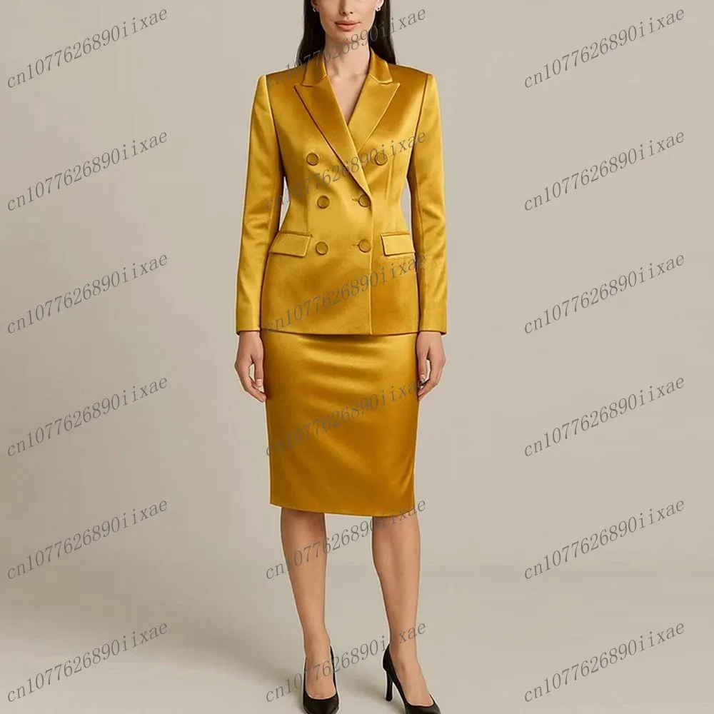 خلات الساتان الذهب السترة تنورة المرأة الدعاوى سيدة الأعمال الرسمية البدلات الرسمية الأم حفل زفاف السيدات 2 قطعة سترة تنورة