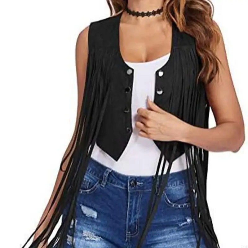 

72XE Tassels Trimmed Vest for Women Vintage 70s Sleeveless Button Front Crop Cardigan