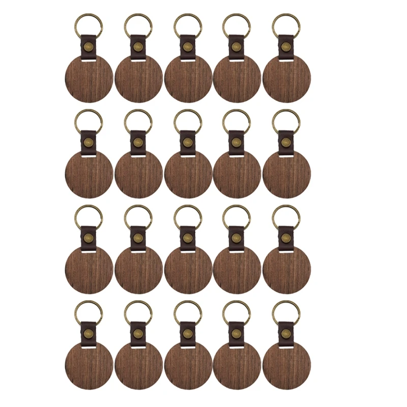 

20Packs Wooden Keychain Blanks Leather Keychain Keychain Blank Wood Walnut With Keyring For DIY Engraving Gift Round