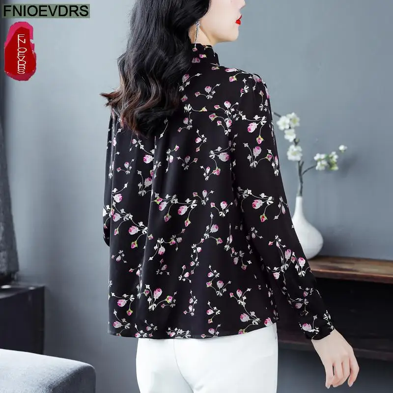 블랙 러플 상의 블라우스, 용수철 슬림 기본 착용, 긴 소매, 레트로 프렌치 디자인, 꽃 프린트, 꽃 셔츠, 2025 신상