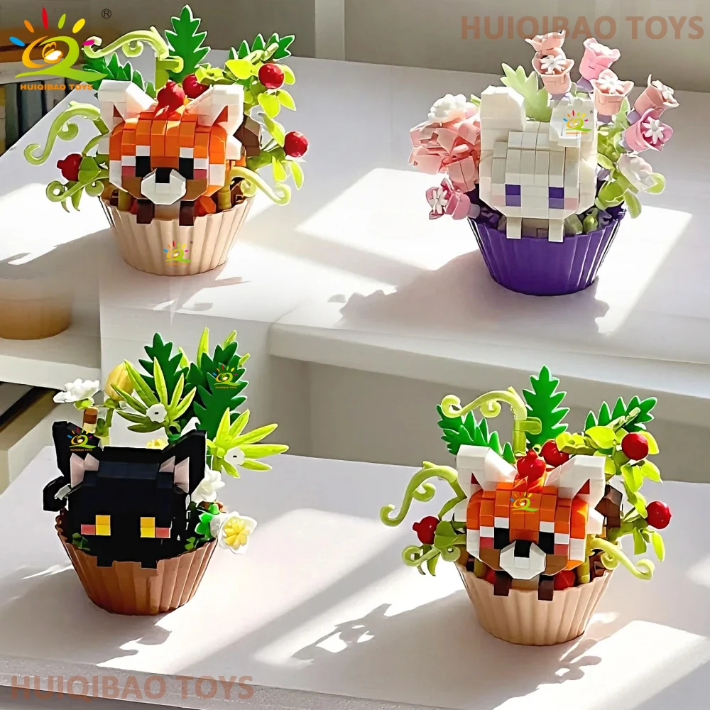 HUIQIBAO Cartoon-Tier-Cupcake-Topf Mikro-Baustein-Set Fuchs Welpen Katze Haustier Blumenstrauß DIY-Bausteine Tischdeko Spielzeug – Detail 4