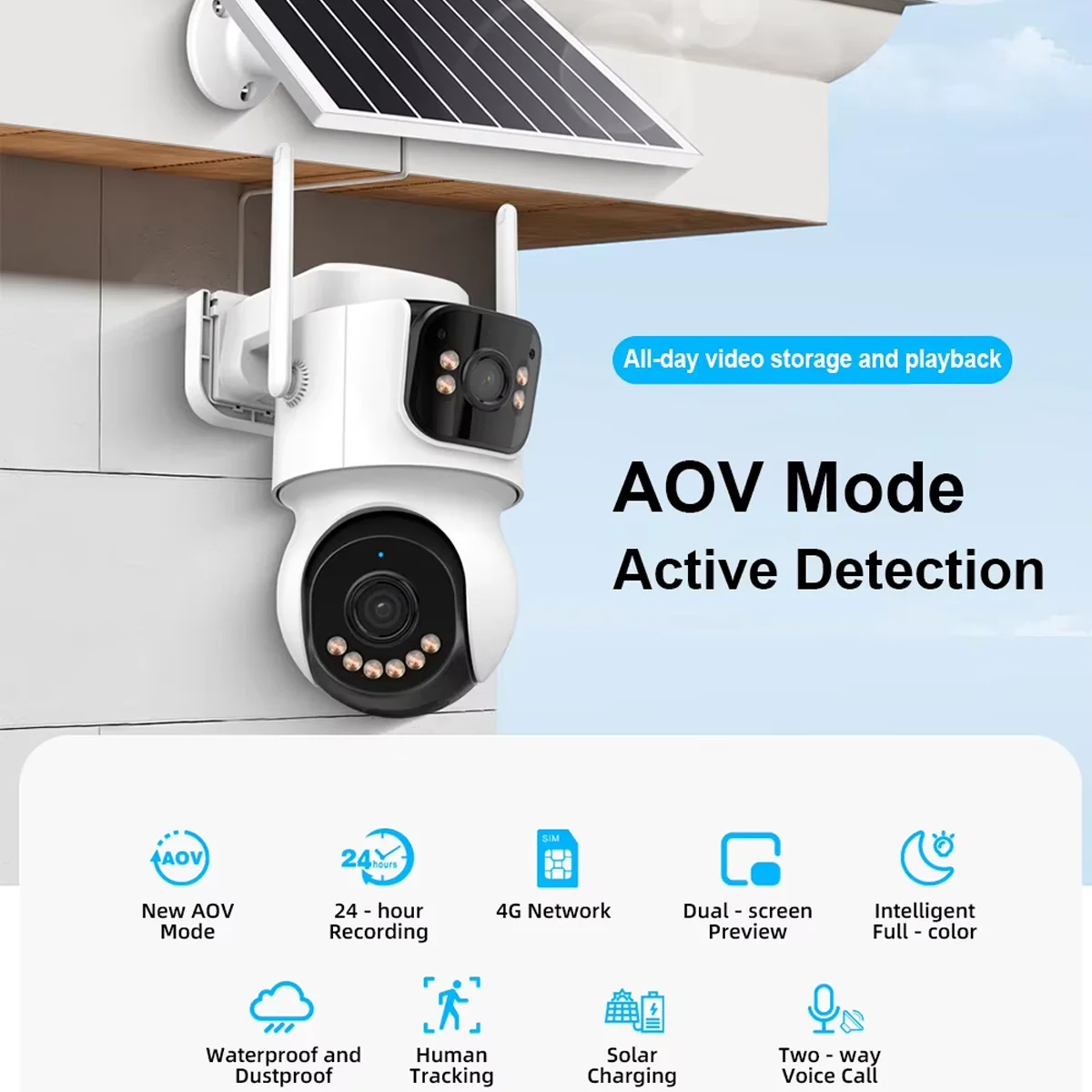 Caméra solaire double objectif 4G 4MP : détection AI, 10 000 mAh, vision nocturne Starlight, audio bidirectionnel, 355 °   Rotation, SIM préinstallé