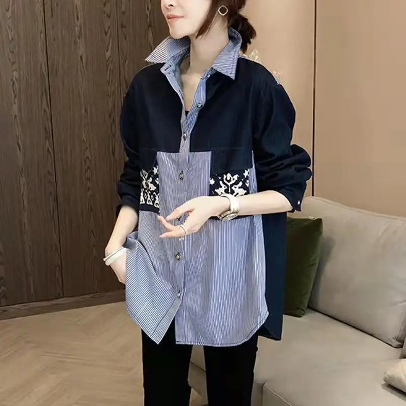 Thin Mid-length Shirt Female Spring Summer  Long Sleeve Small Shirt Color Patchwork Personality Imitation Denim Shirt High-end