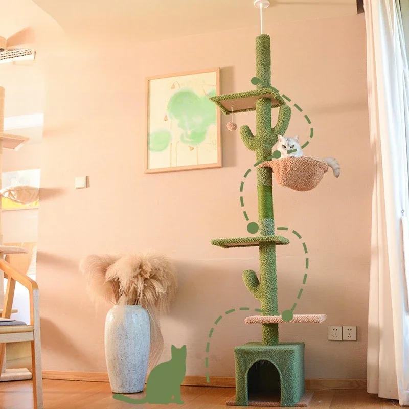 

5-Layer Floor to Ceiling Cat Tree Tower Cactus Tall Climbing Tree with Scratching Post Hammock Dangling Ball