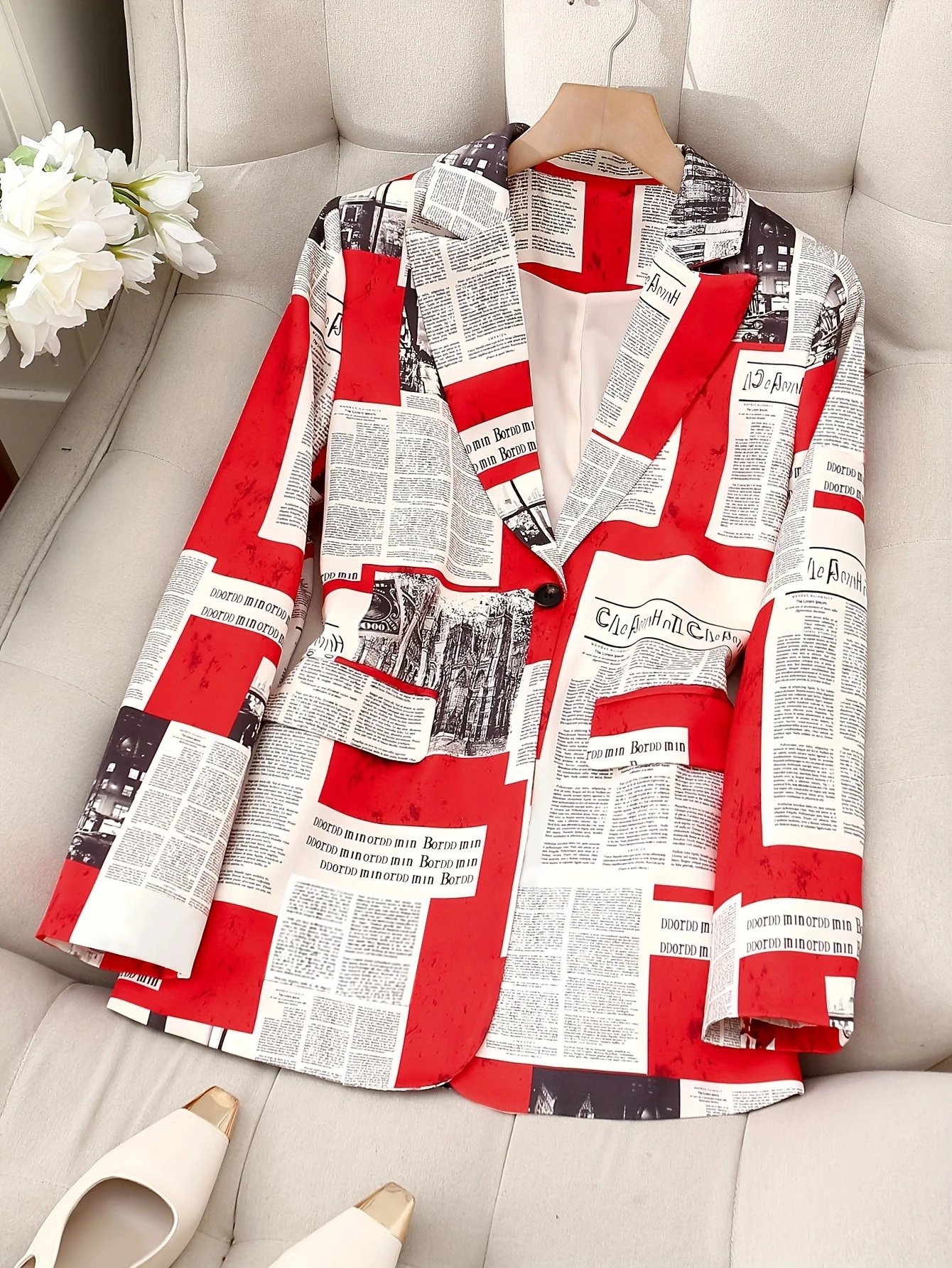 سترة بدلة متوسطة الطول بطباعة رقمية ونص عتيق أنيق وأنيق وأكمام طويلة للمكتب التجاري في المناطق الحضرية #3