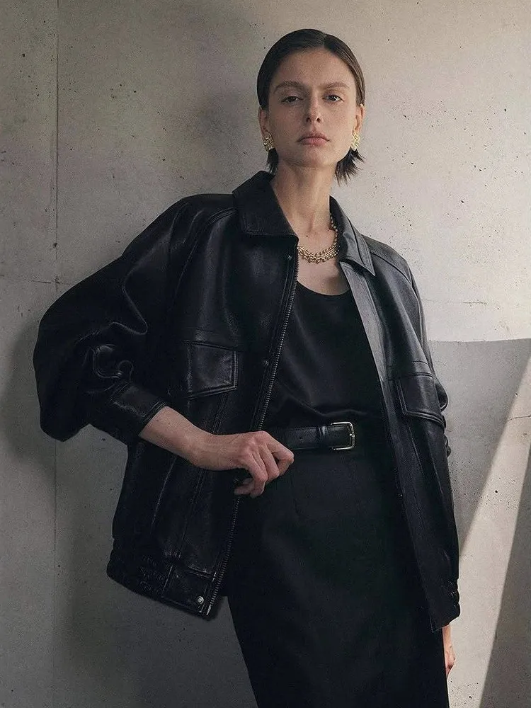 Elborn cor pura gola com zíper couro Jaet feminino outono inverno novo coreano sle commute vintage motocicleta sle leathe...