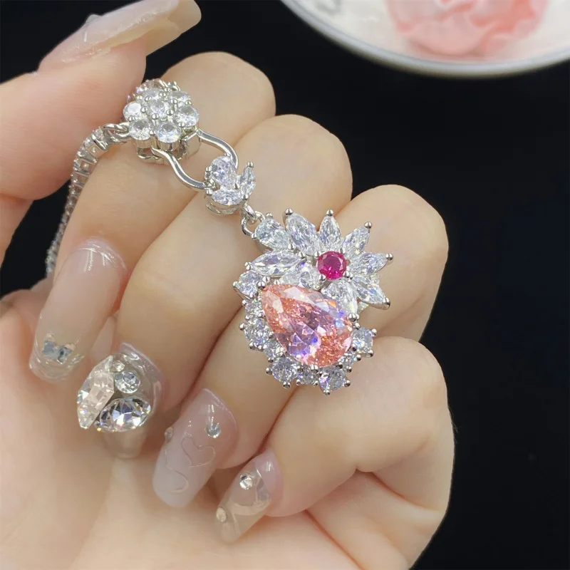 Water Drop Shape Starry Sky Cut Padparadscha Three-Piece Full Diamond Open Ring Female Temperament Pendant Earrings Set