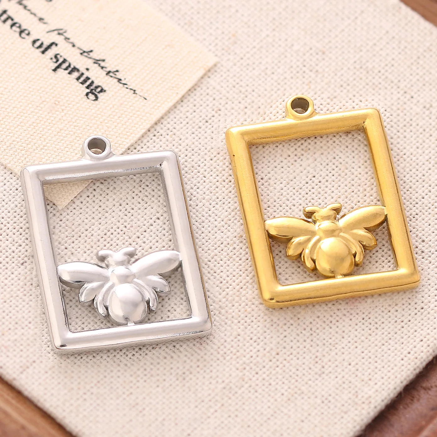 WZNB 3Pcs Bee Square Frame Stainless Steel Charms Pendant for Jewelry Making Handmade Earring Necklaces Diy Accessories