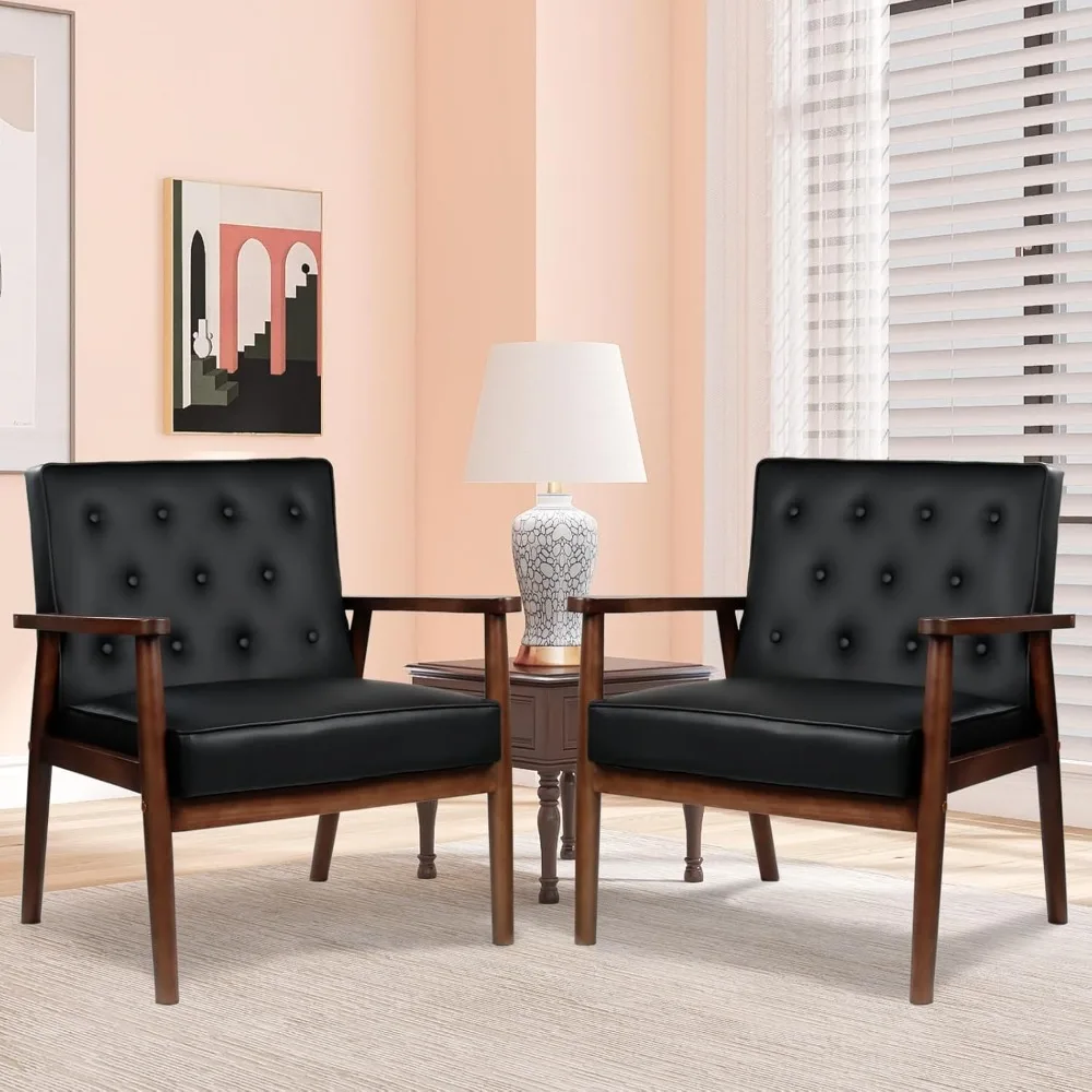 

Mid-Century Retro Modern Solid Wood Armrest Black Accent Chairs Set of 2, Faux Leather Arm Chairs for Living Room