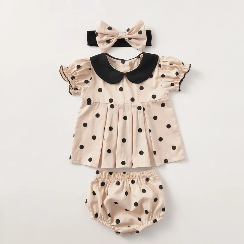 New summer baby clothing, polka dot short sleeved 100% off top+bread pants+headband, 3-piece set for 0-2 year old girls