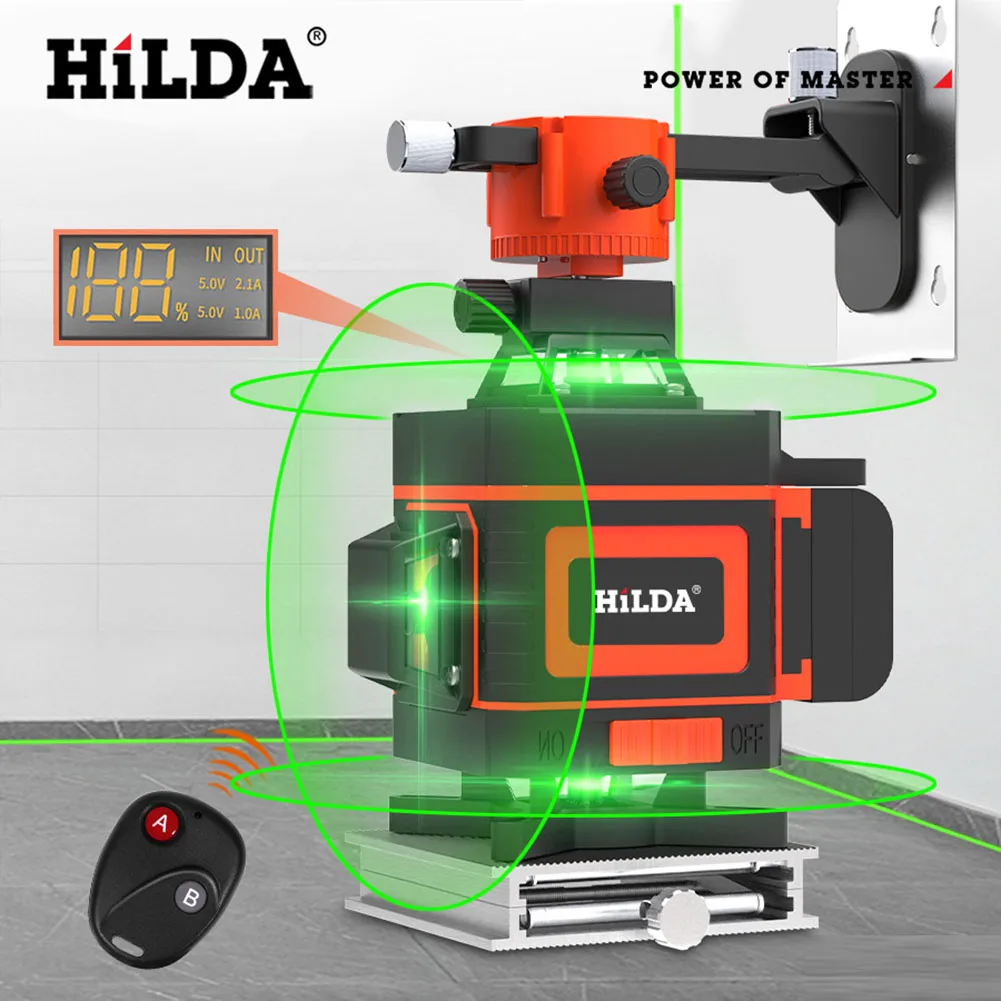 HILDA 3°/4D Laser Level 16/12 Lines Self-Leveling 360 Horizontal And Vertical Cross Super Powerful Green Laser Beam Line