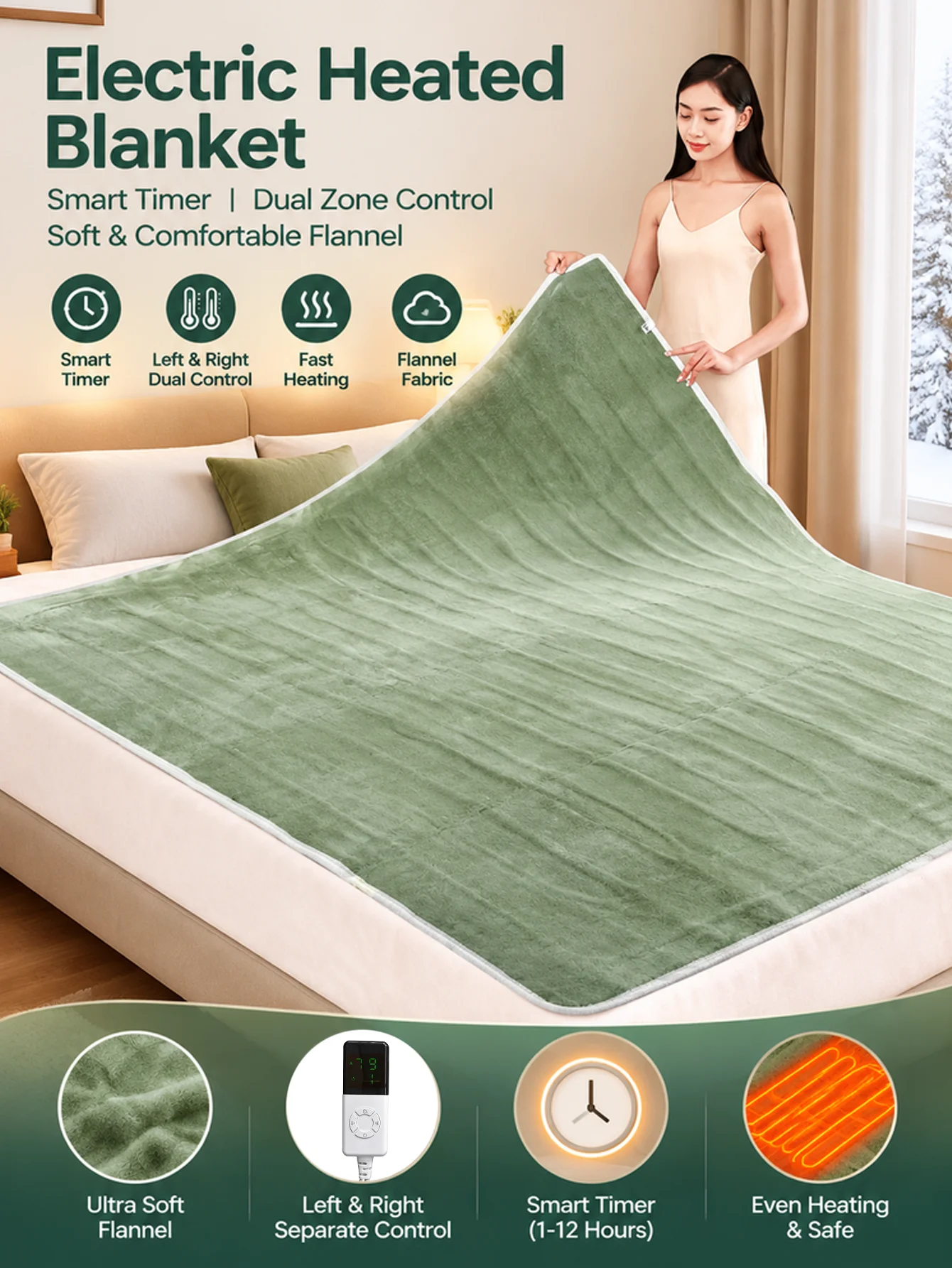 Flannel Electric Heated Blanket Dual Zone Left & Right Separate Control Smart Timer 1-12H Auto Off Fast Even Heating Ultra Soft