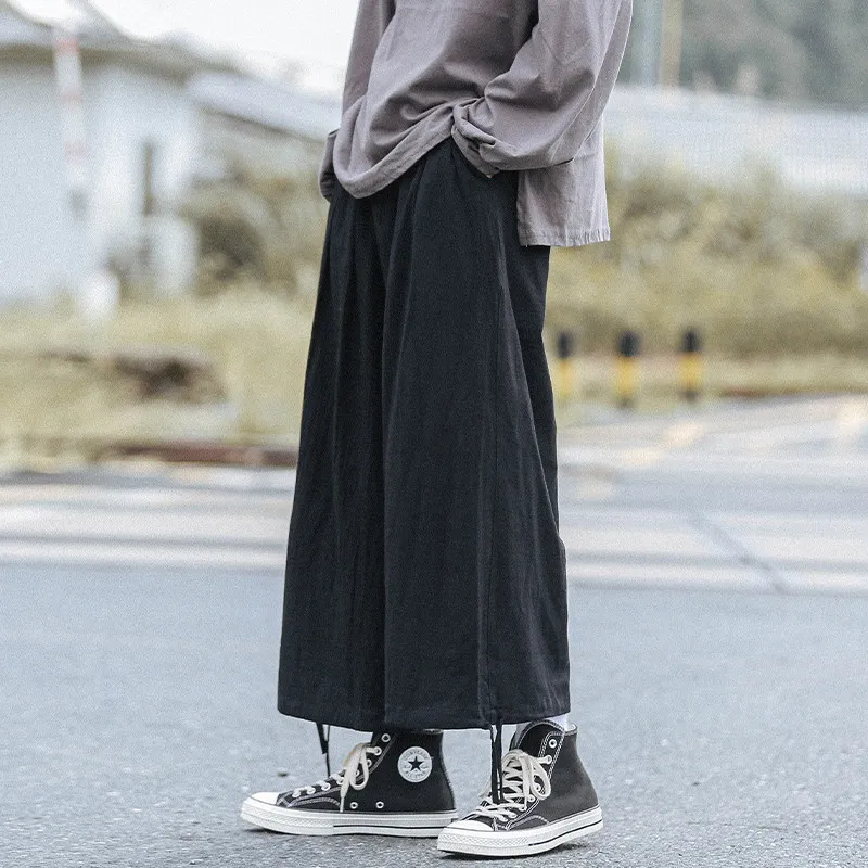 

Мужские свободные брюки-фонари прямого кроя, модные широкие брюки с манжетами, повседневные длинные брюки в стиле Харадзюку из смесового хлопка для весны
