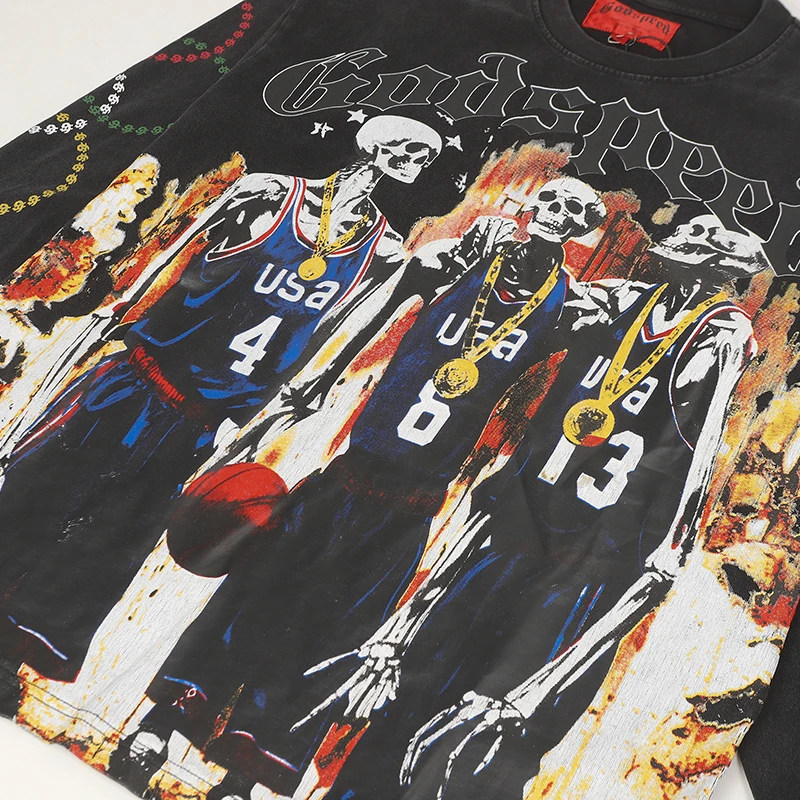 تي شيرت American Streetwear Godspeed بأكمام طويلة وطباعة هيكل عظمي جرافيتي كاجوال مغسول 100% قطن برقبة دائرية