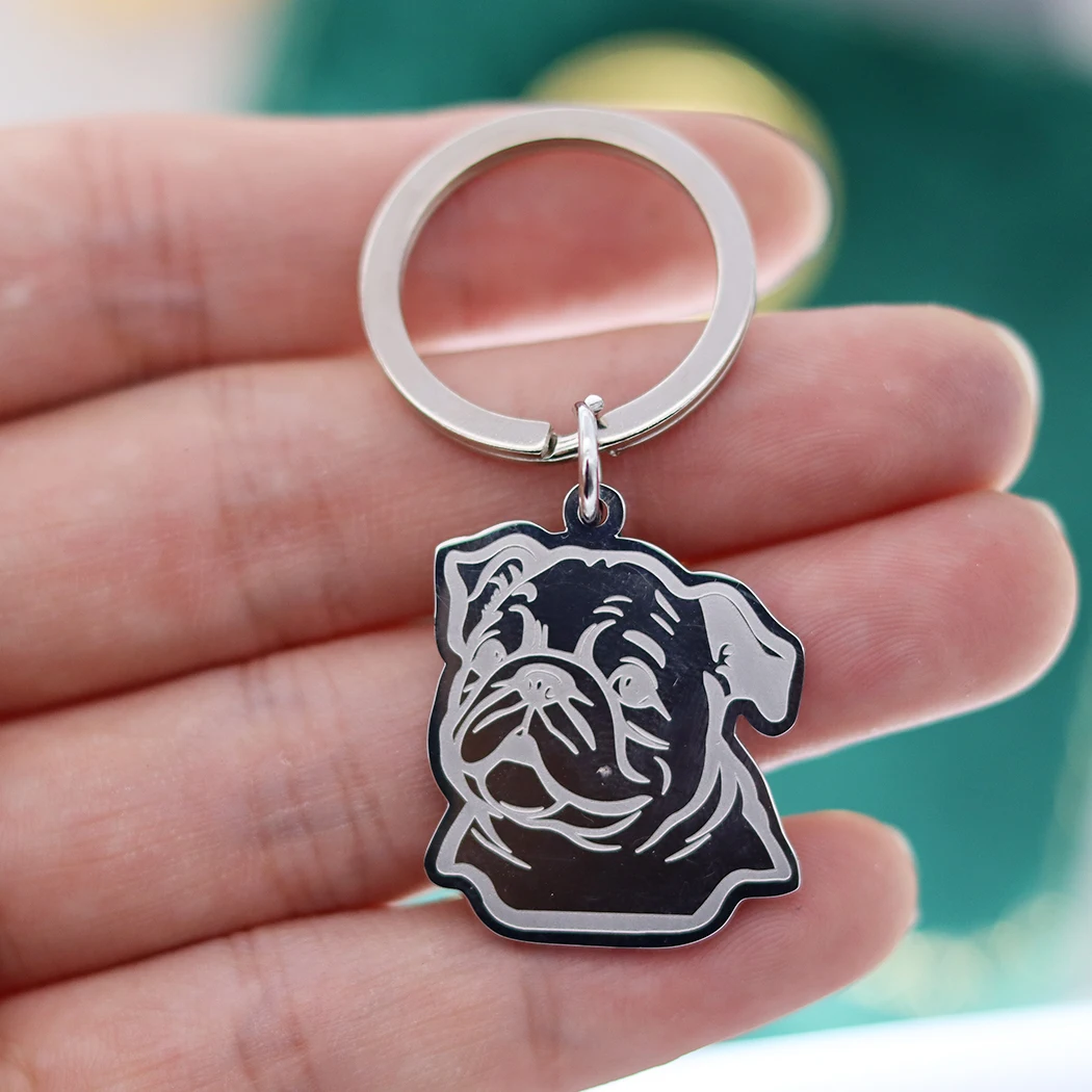 Cartoon Bulldog Wrinkle Dog Pet Charms Keychain for Women Men Stainless Steel Pendant Kids Gifts Bag Car Key Ring Deco Jewelry