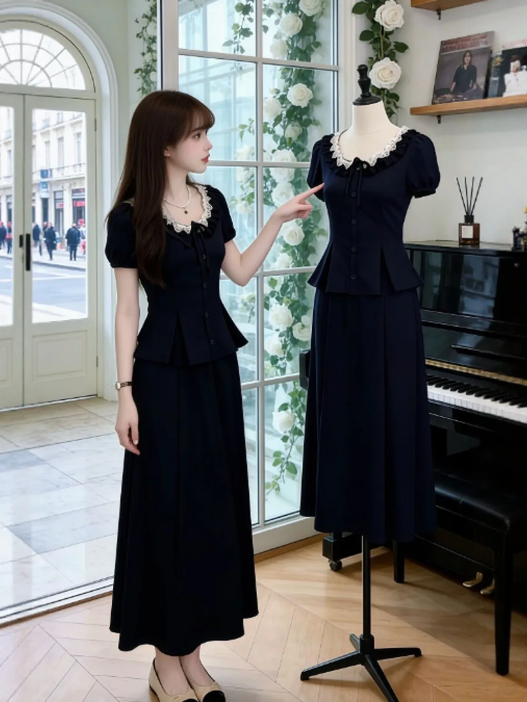 

Korean Style Short Sleeve Ruffle Top And Skirt Set Comfortable mid Stretch Two Piece Summer Outfit for Women