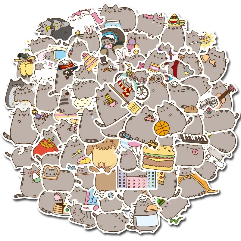 100pcs Pusheens Kawaii Stickers New Anime Cat Stationery Paster Luggage Box Label Water Cup Decoration Kids Classic Toys Gift