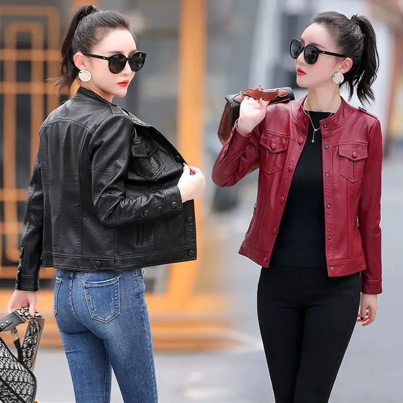 Hot Spring New Women Genuine Leather Jacket Oversized Korean Fashion Female Slim Stand Collar Coat Girl Sheepskin Pocket Outwear